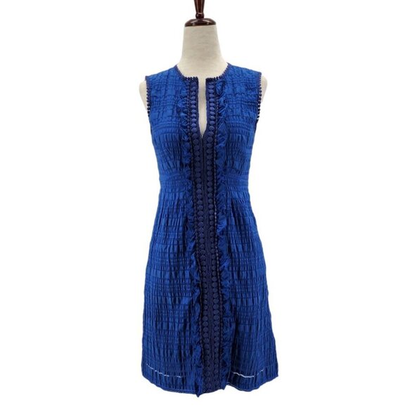 Nanette Lepore Textured Plaid Sleeveless Crochet Blue Mini Dress Womens 0 - Picture 1 of 9